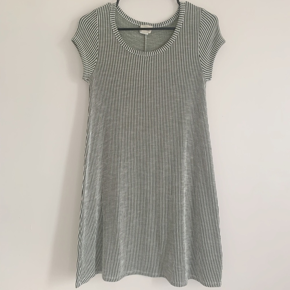 Olive green and white striped ribbed t-shirt dress